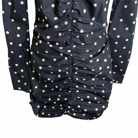 Asos Black Polka Dot Print Cotton Ruched Off The Shoulder Mini Dress Womens 10 - Picture 3 of 12